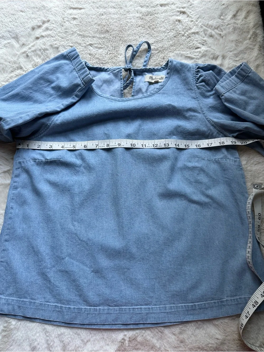 Madewell Light Wash Chambray Denim Puff-Sleeve Swing Shirt Tie Back Size Small